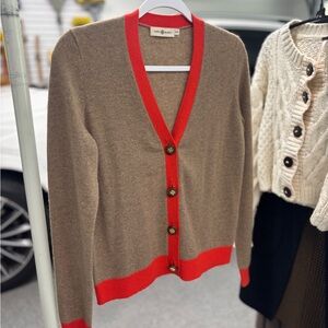 Tory Burch Tan and Red Cardigan Sweater V-Neck Knit